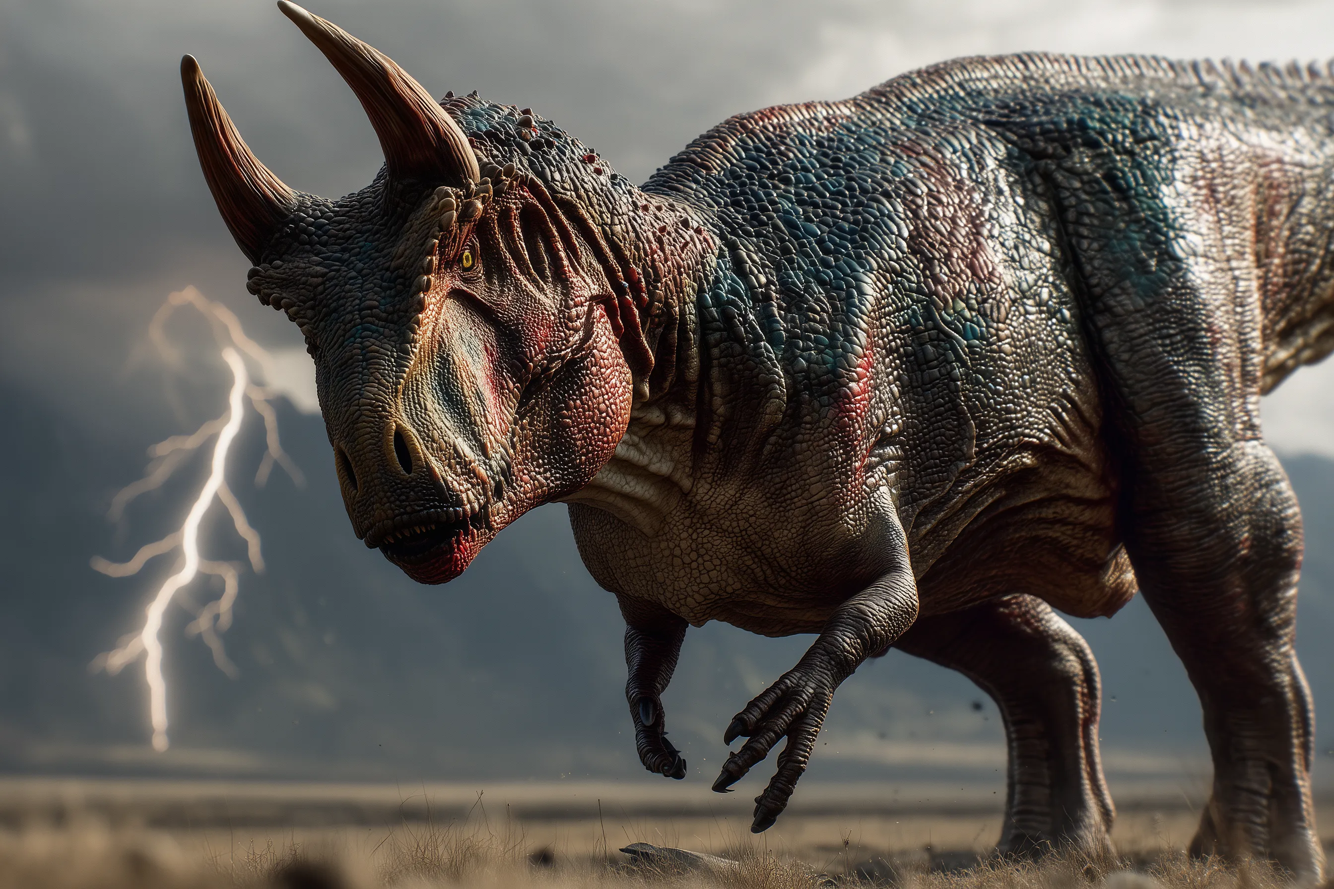 Realistic paleoart of Carnotaurus sastrei, a horned abelisaurid theropod with a powerful tail from the Late Cretaceous, with accurate proportions and natural color.