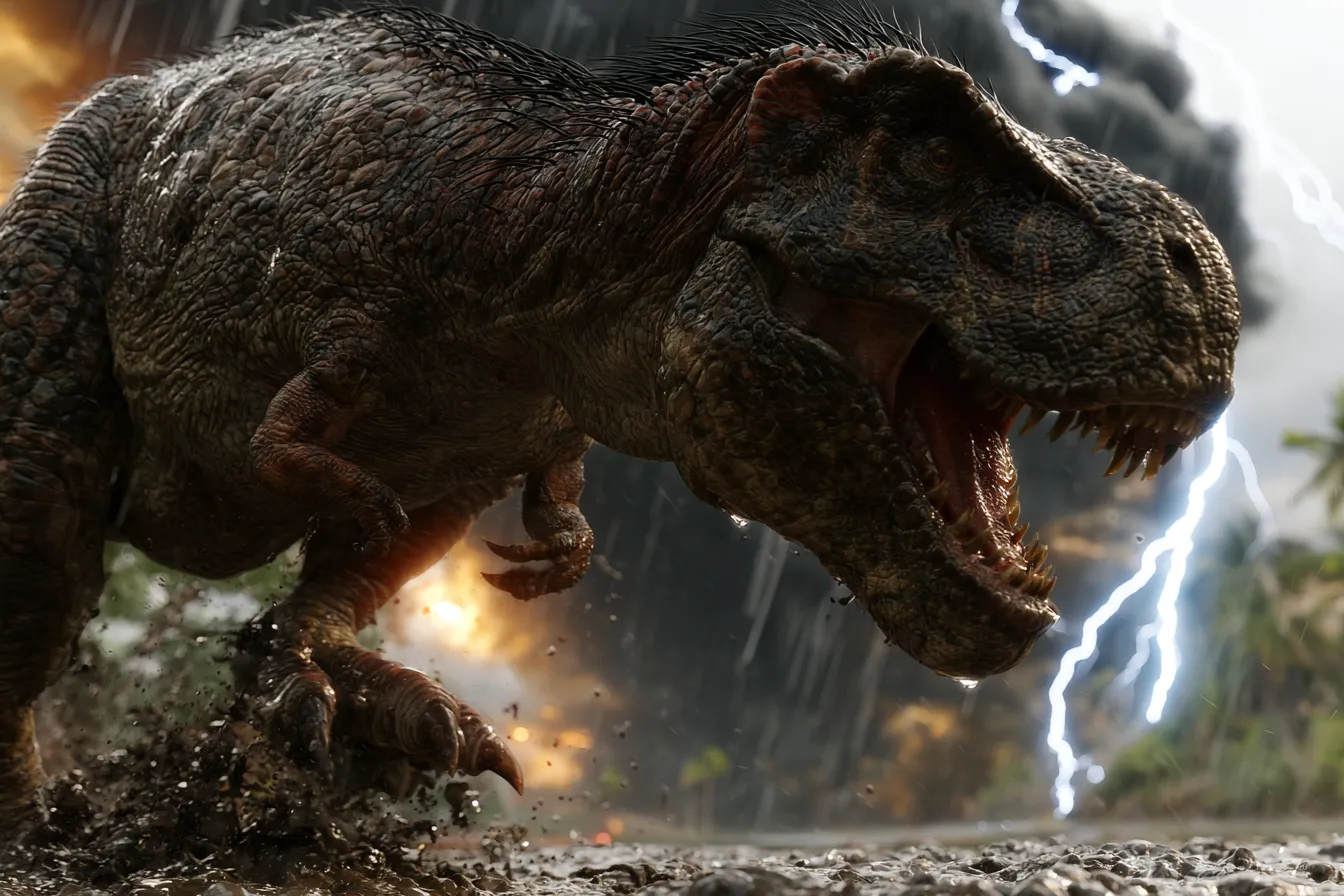 Scientifically accurate paleoart of a Tyrannosaurus rex caught in a dramatic lightning storm, ground-level angle with rain and electric light illuminating the apex predator.