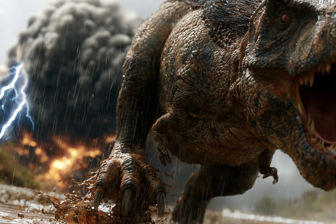 Scientifically accurate paleoart of a Tyrannosaurus rex emerging through heavy rain and lightning, dramatic ground-level angle capturing the full scale of the apex predator.