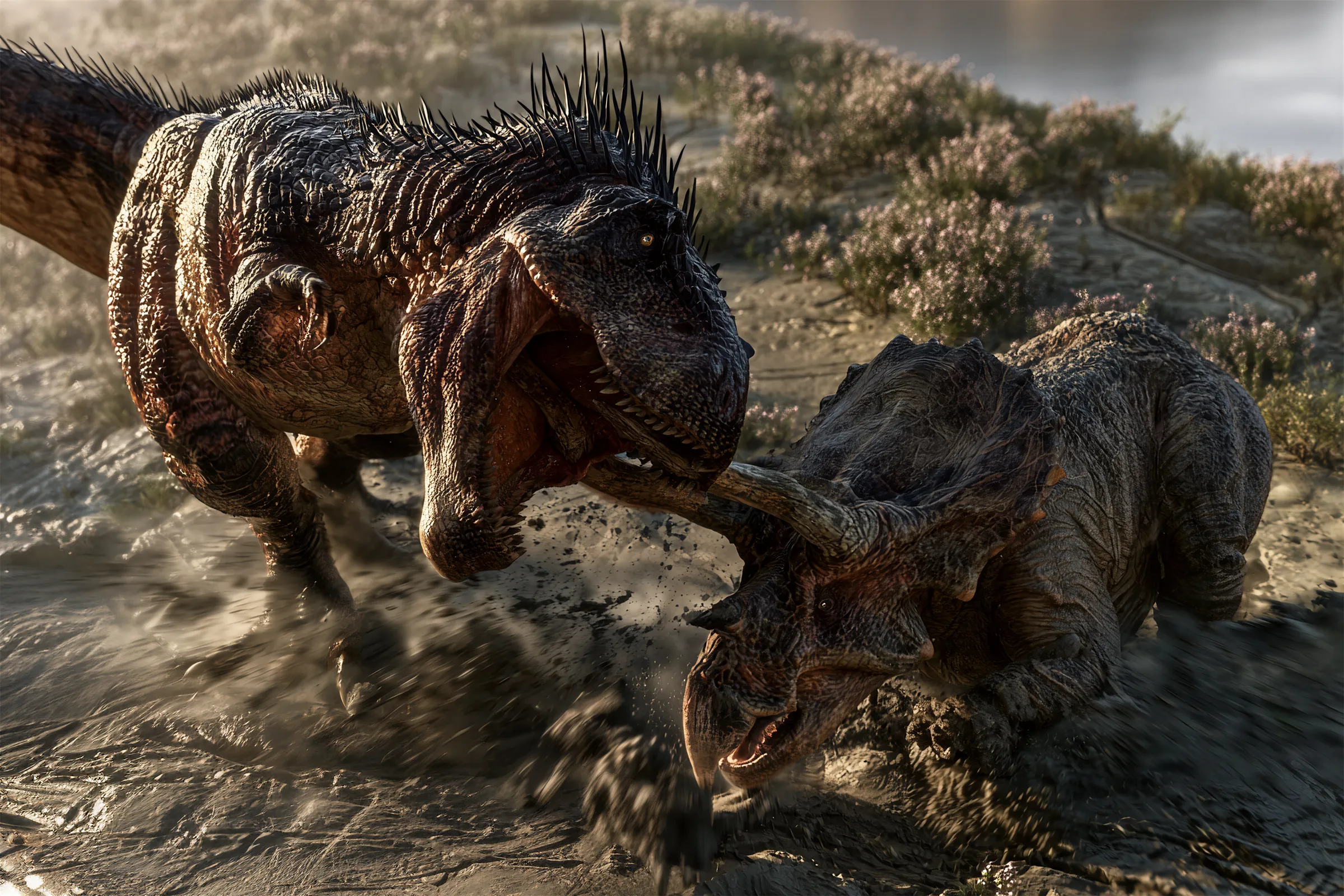 Scientifically accurate paleoart of a Tyrannosaurus rex seizing a Triceratops in a muddy river delta at golden hour — two Late Cretaceous animals locked in combat, framed like a wildlife photograph.